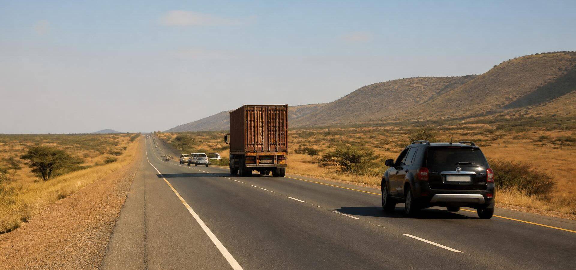 Vehicles and a cargo truck moving along an open Tanzanian highway in warm daylight