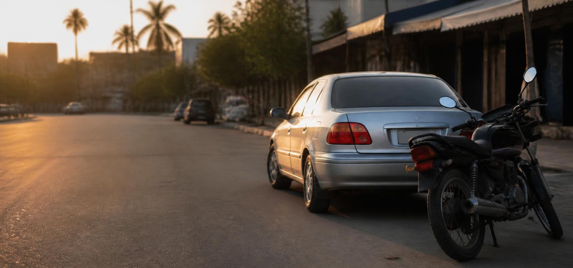 A car and a motorcycle parked on a city street in the early evening light