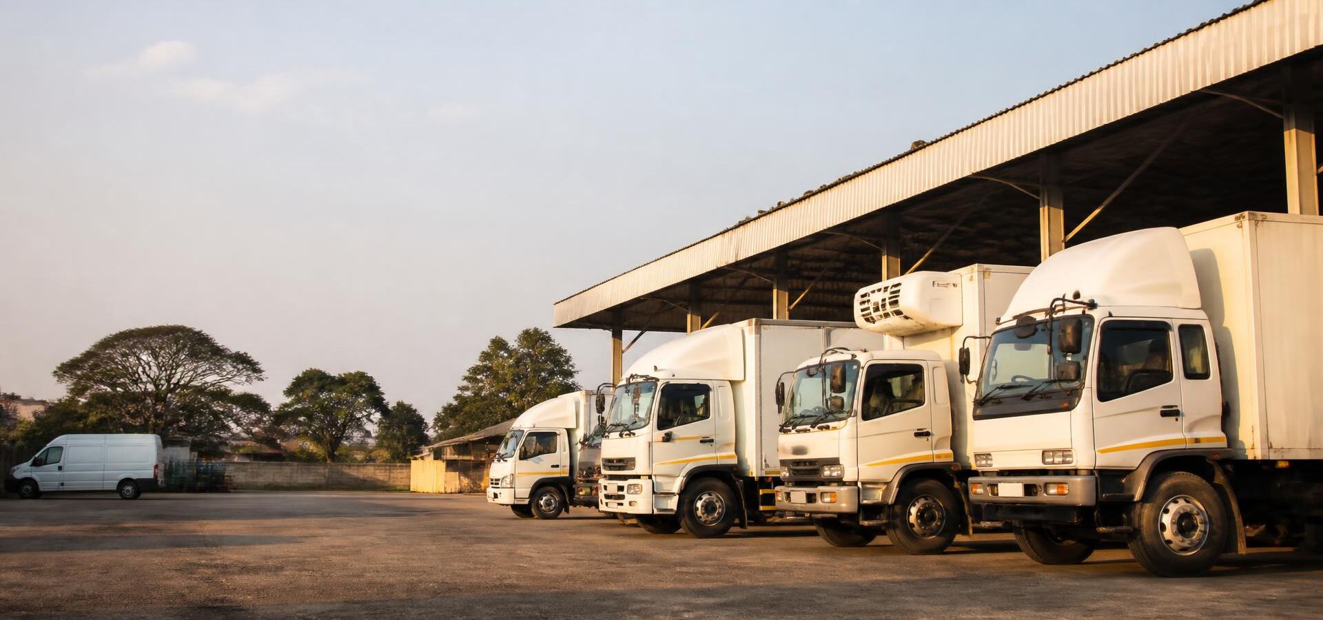 A row of commercial trucks and a van parked in a depot yard
